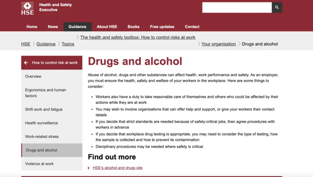 HSE website contains information regarding Drugs and Alcohol at work