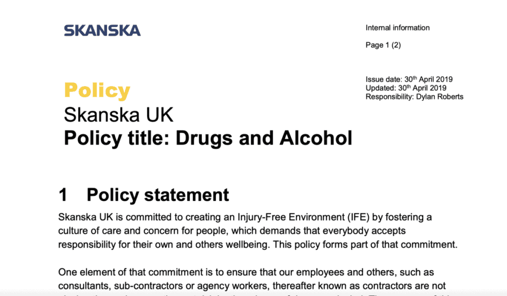 Construction company Skanska's policy on Drugs and Alcohol