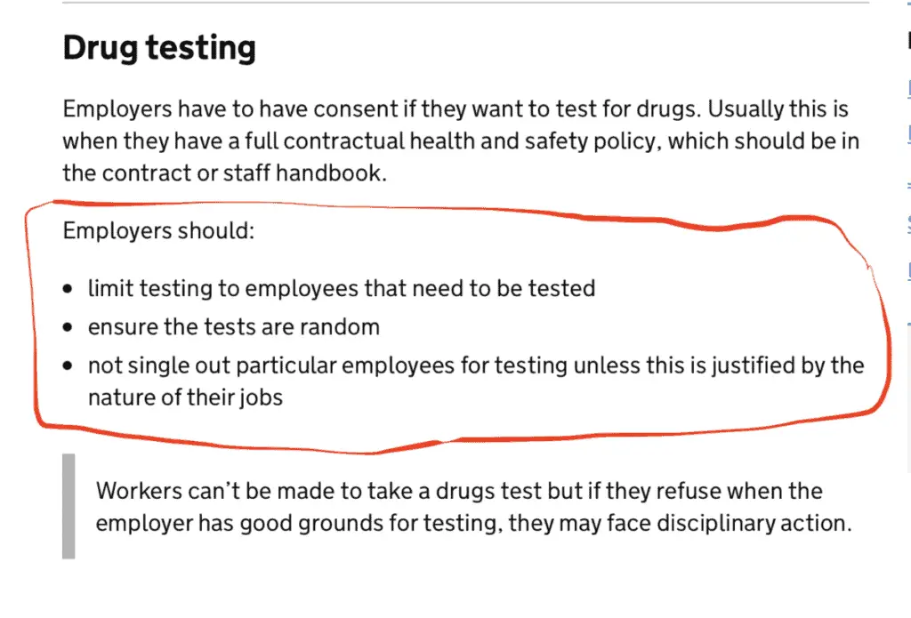 UK Government website shows drug testing of employees is legal