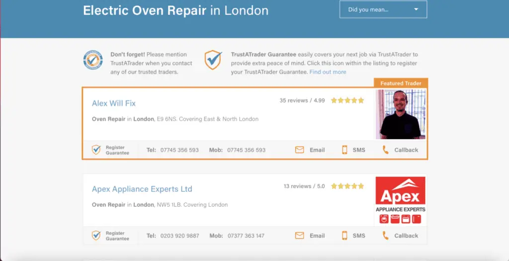 Trustatrader website suggesting appliance repair engineers to the query electric oven repair