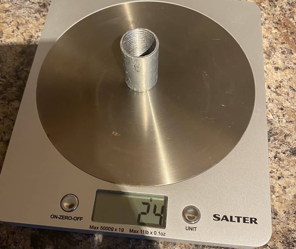 Weighing a steel coupler in my kitchen at home